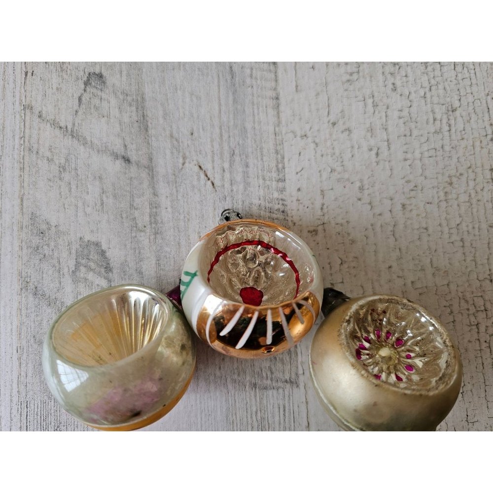 Vintage Poland mini ball indent striped ornament mercury Xmas set‎ tree
